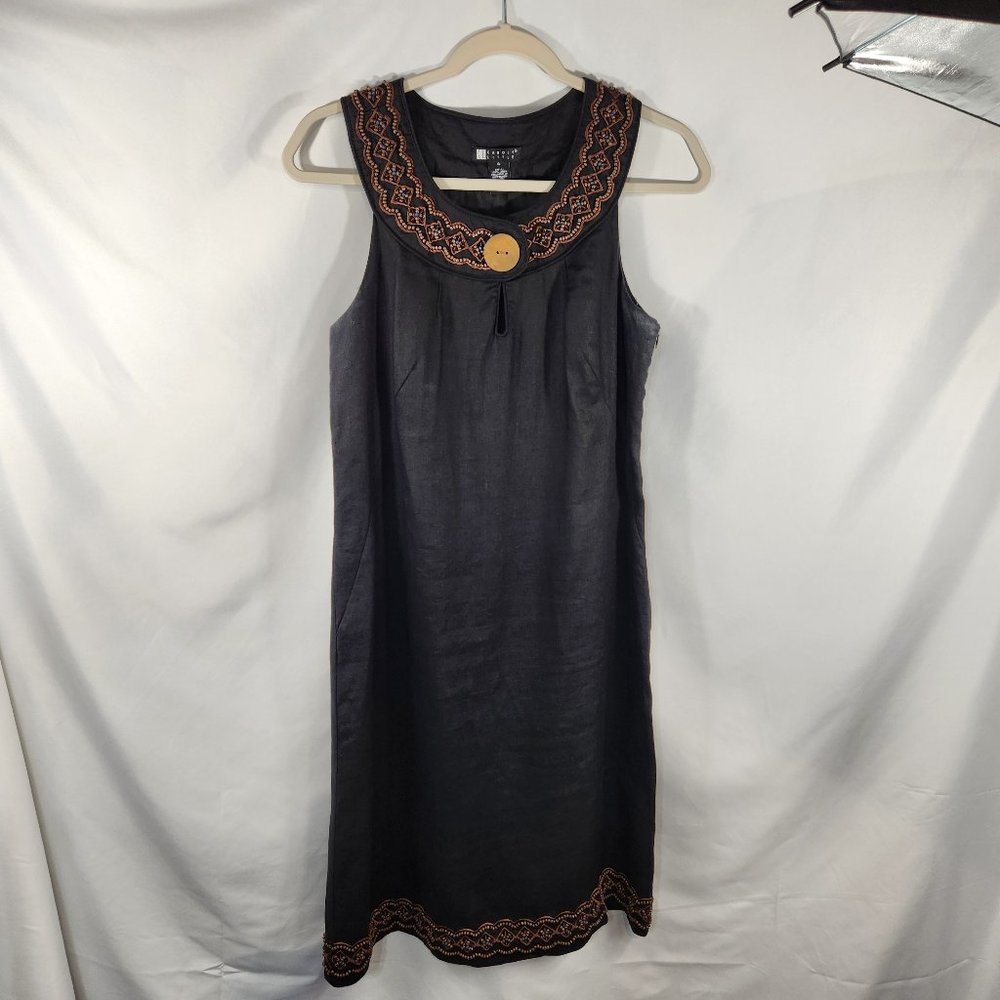 Carole Little Womens Lined Sleeveless 100% Linen Beaded Embroidered Dress Size 6